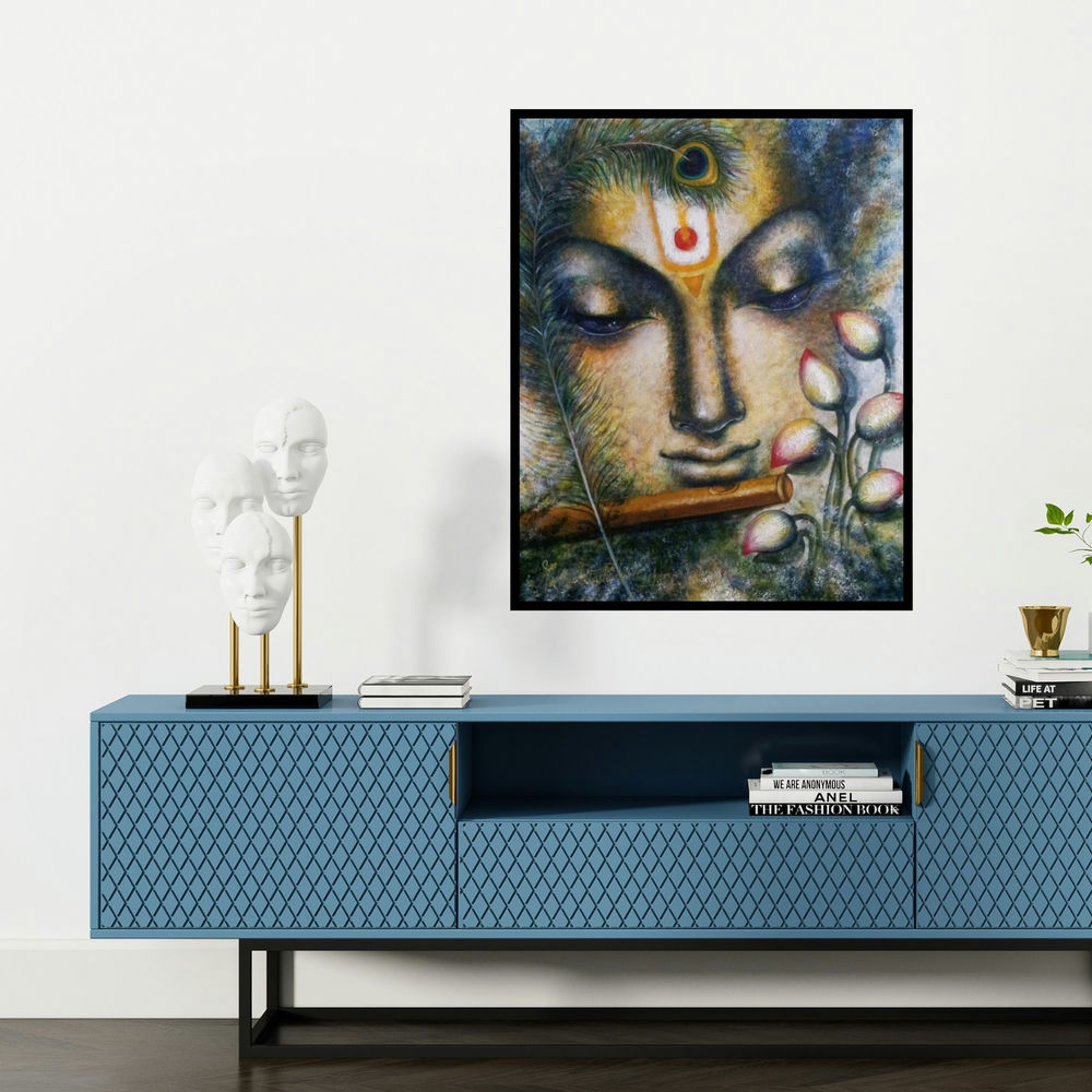 'Krishna Playing Flute I (Divine Harmony)' painting by Madhumita Bhattacharya shown on a wall in a furnished room.