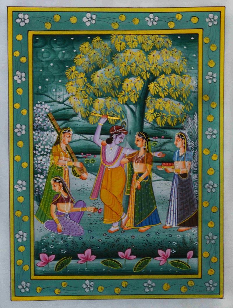 Religious miniature traditional art titled 'Krishna Playing Flute With Radha And Gop', 15x11 inches, by artist Unknown on Silk