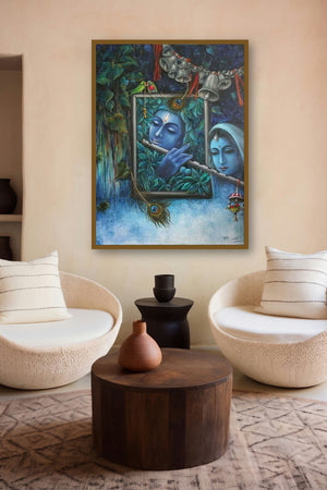 Krishna Playing Flute With Radha (Enchanted Krishna) by artist Rakhi Baid displayed in a Modern gallery