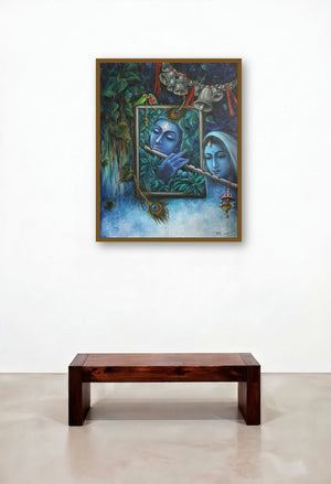 Krishna Playing Flute With Radha (Enchanted Krishna) by artist Rakhi Baid displayed in a Classic Penthouse