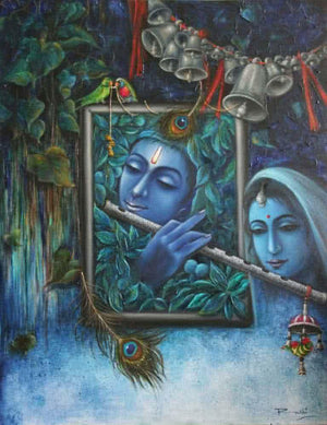 Krishna Playing Flute With Radha (Enchanted Krishna) by Rakhi Baid, Original Mixed Media Religious Painting on Canvas, Large Vertical Wall Art