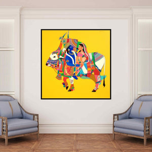 In-situ view of Mohammed Osman's 'Krishna Radha 2 (Radha Krishna Celestial Journey)' painting in a room