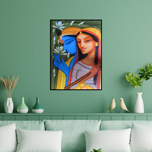 Preview of 'Krishna Radha 3' Painting by Pradeep Swain shown on a wall in a furnished room.