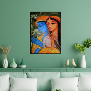 Preview of 'Krishna Radha 4' Painting by Pradeep Swain shown on a wall in a furnished room.