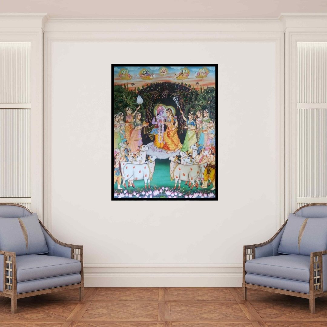 In-situ view of Rajendra Khanna's 'Krishna Radha With Cows (Divine Pastoral)' painting in a room