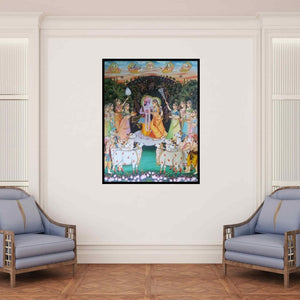 In-situ view of Rajendra Khanna's 'Krishna Radha With Cows (Divine Pastoral)' painting in a room