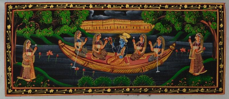 Religious miniature traditional art titled 'Krishna Radha In Boat With Sevika', 6x13 inches, by artist Unknown on Silk