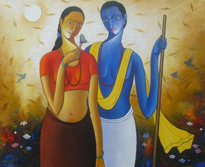Figurative acrylic painting titled 'Krishna Radha IV', 40x48 inches, by artist Shivkumar on Canvas