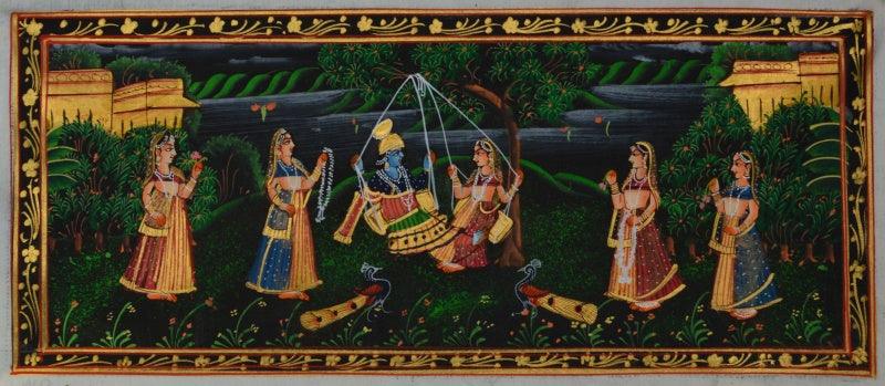Religious miniature traditional art titled 'Krishna Radha Magical Moments', 6x13 inches, by artist Unknown on Silk