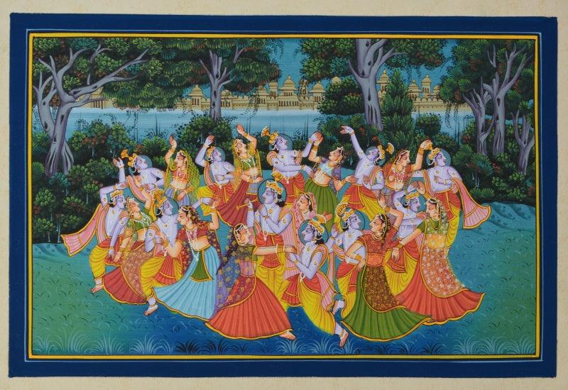 Religious miniature traditional art titled 'Krishna Radha Raas Leela Magical Scene', 7x10 inches, by artist Unknown on Paper