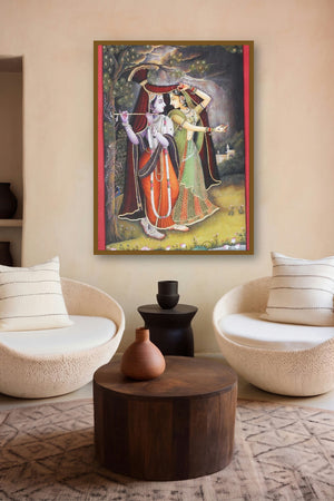 Krishna Radha Rain Leela (Monsoon Enchantment) by artist Rajendra Khanna displayed in a Museum Style gallery