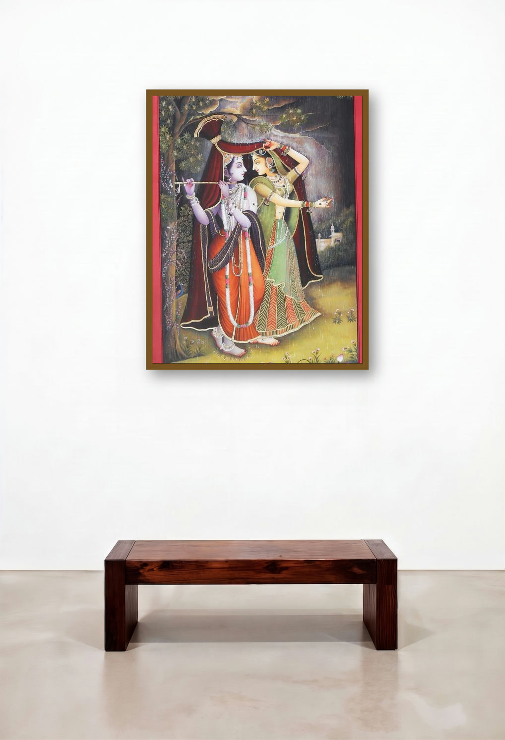 Krishna Radha Rain Leela (Monsoon Enchantment) by artist Rajendra Khanna displayed in a Urban Loft Hallway