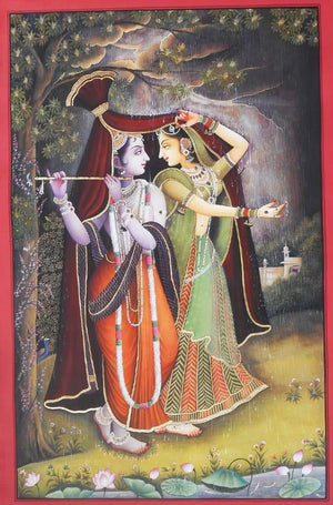 Krishna Radha Rain Leela (Monsoon Enchantment) by Rajendra Khanna, Original Tribal Religious Painting on Cloth, Medium Vertical Wall Art