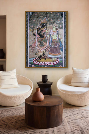 Krishna Radha Tasar Cloth Painting I by artist Pradeep Swain displayed in a Contemporary Exhibition gallery