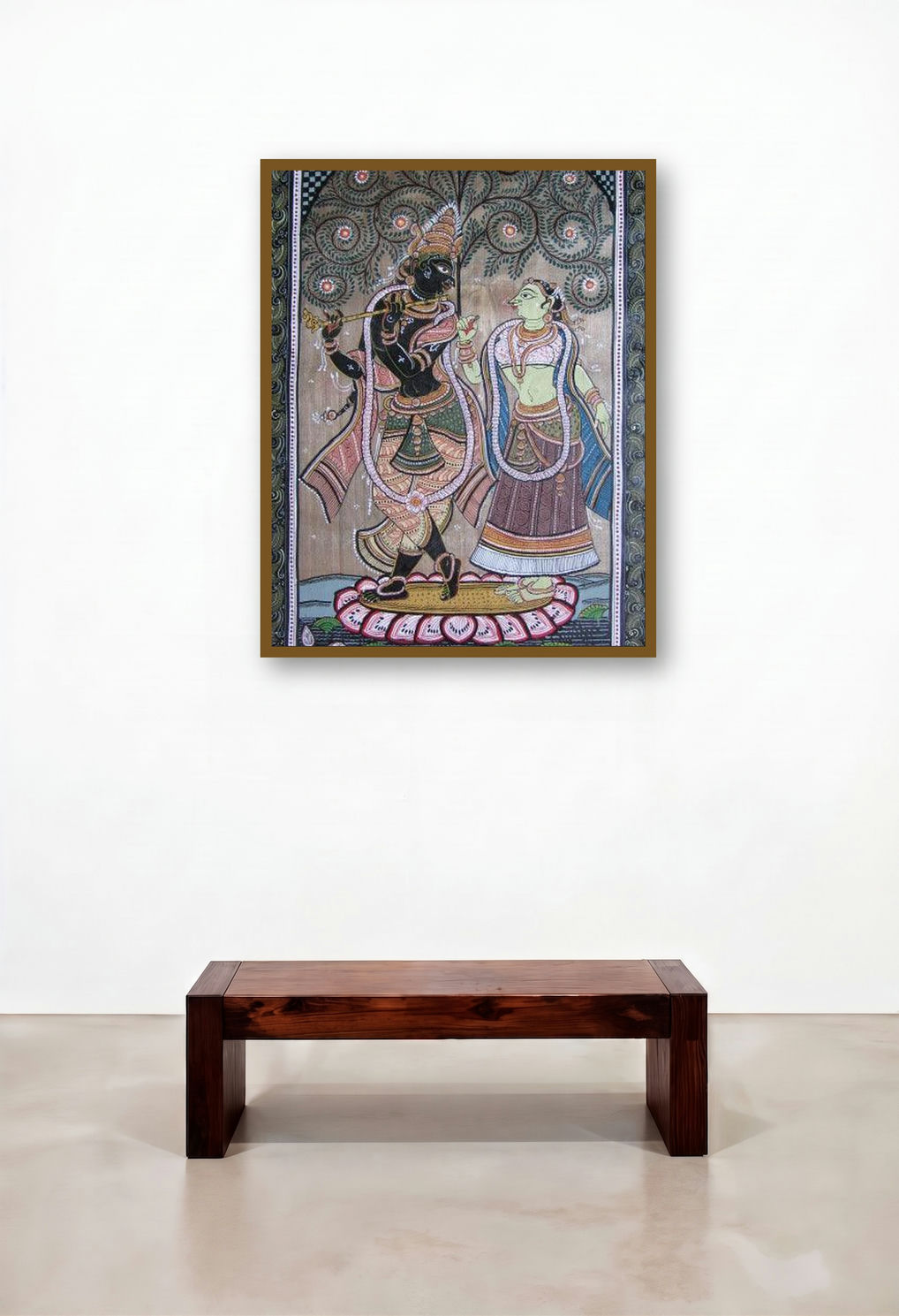 Krishna Radha Tasar Cloth Painting I by artist Pradeep Swain displayed in a Contemporary Living Room