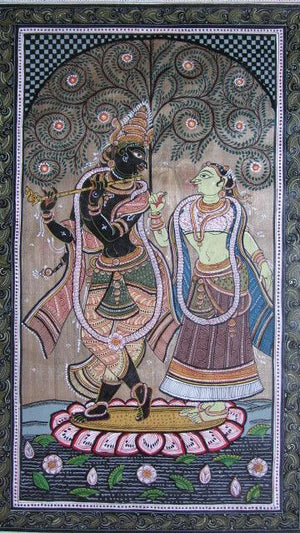 Krishna Radha Tasar Cloth Painting I by Pradeep Swain, Original Fabric Folk Art Painting on Cloth, Small Vertical Wall Art