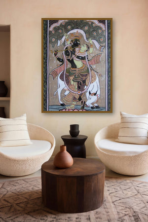 Krishna Radha Tasar Cloth Painting Ii (Enchanting Melody: Radha and Krishnas Divine Duet) by artist Pradeep Swain displayed in a Boutique gallery