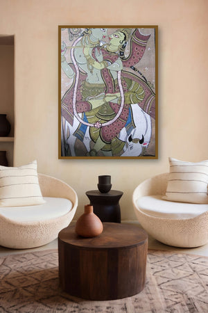 Krishna Radha Tasar Cloth Painting Iv (Eternal Embrace: Radha and Krishna in Artistic Expression) by artist Pradeep Swain displayed in a Museum Style gallery
