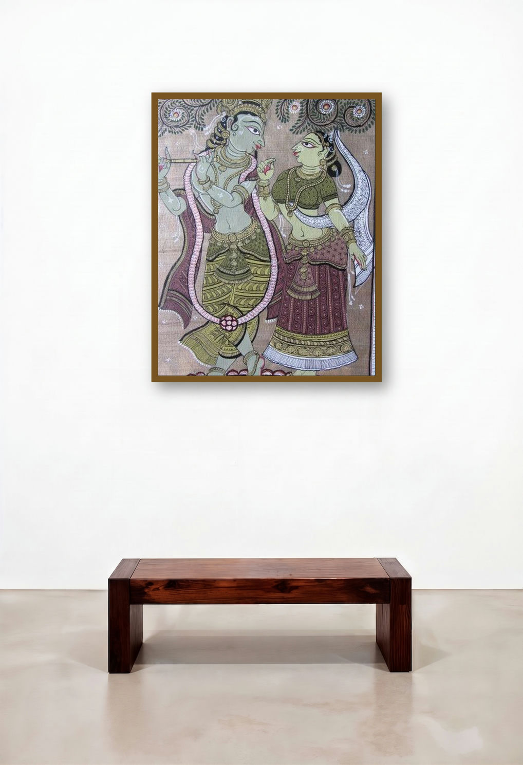 Krishna Radha Tasar Cloth Painting V (Divine Harmony: Radha and Krishna in Tasar Art) by artist Pradeep Swain displayed in a Contemporary Luxury Penthouse