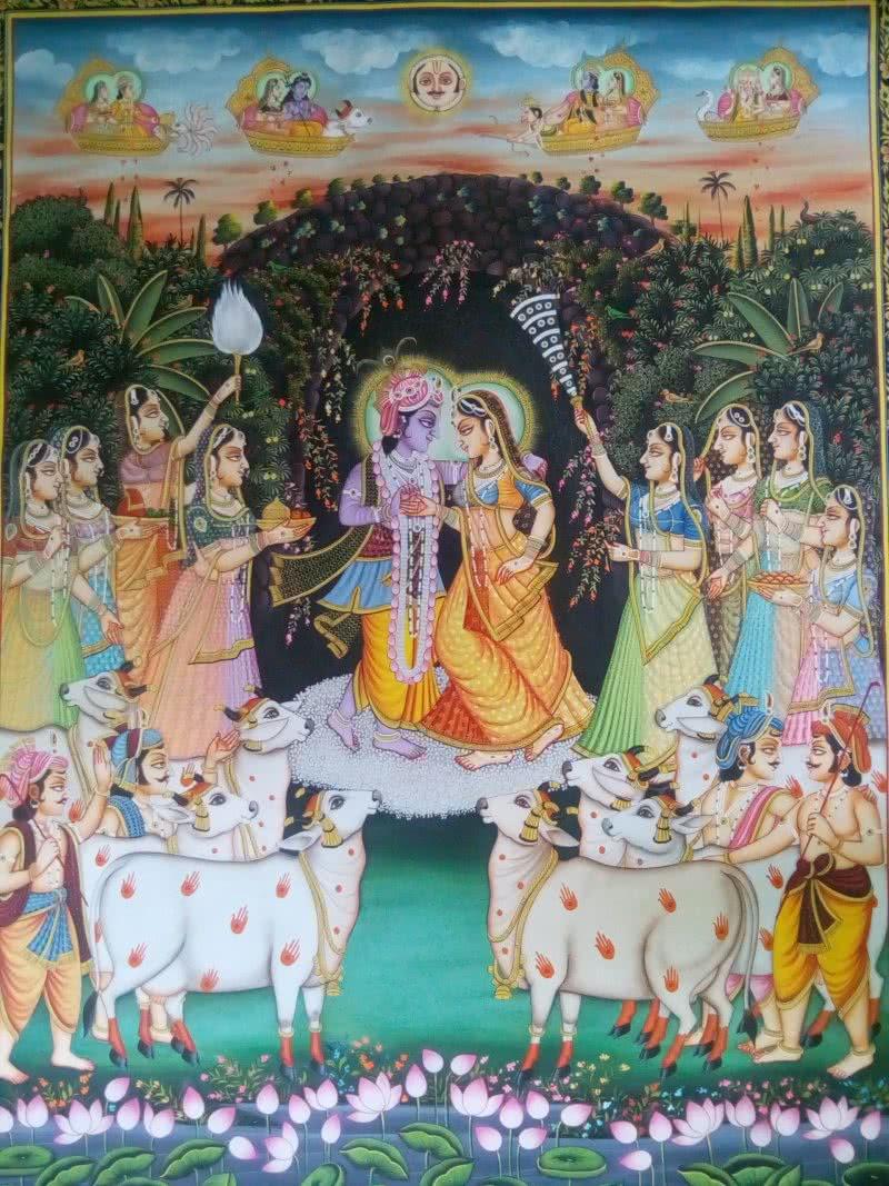 Religious tribal painting titled 'Krishna Radha with Cows', 48x36 inches, by artist Rajendra Khanna on Cloth