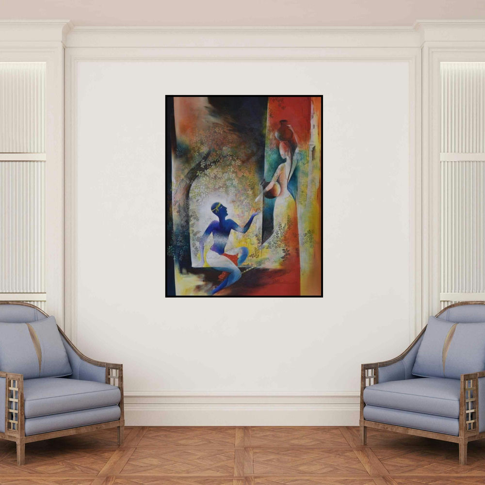 'Krishna Resonance (Rural Encounter)' painting by Durshit Bhaskar shown on a wall in a furnished room.