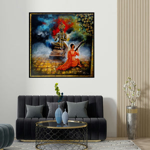 Arjun Das's 'Krishna Sang Meera 2 (Divine Reflection Varanasi)' painting visualized above a sofa in a contemporary room.