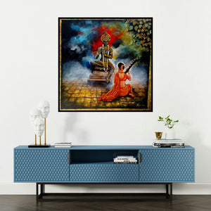 'Krishna Sang Meera 2 (Divine Reflection Varanasi)' painting by Arjun Das shown on a wall in a furnished room.