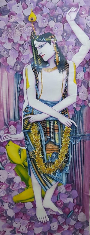 Krishna Saraswathi (Shiva Nataraja) by Saraswathi Lingampally, Original Mixed Media Religious Painting on Canvas, Large Vertical Wall Art