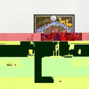 Preview of 'Krishna Series Lotus Pond (Moonlit Lotus Pond)' Painting by Seema Kohli shown on a wall in a furnished room.