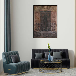 Durshit Bhaskar's 'Krishna Shadow (Mystical Doorway)' painting visualized above a sofa in a contemporary room.