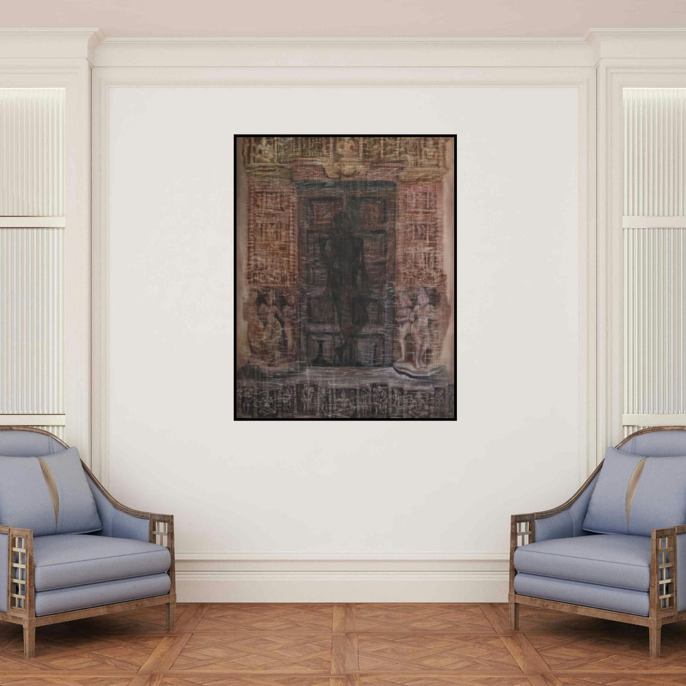 'Krishna Shadow (Mystical Doorway)' painting by Durshit Bhaskar shown on a wall in a furnished room.