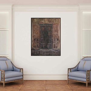 'Krishna Shadow (Mystical Doorway)' painting by Durshit Bhaskar shown on a wall in a furnished room.