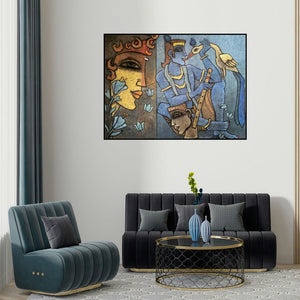 Krishna Ashok's 'Krishna Tatvam (The Enchanting Melody)' painting visualized above a sofa in a contemporary room.