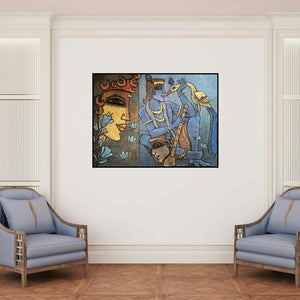 'Krishna Tatvam (The Enchanting Melody)' painting by Krishna Ashok shown on a wall in a furnished room.