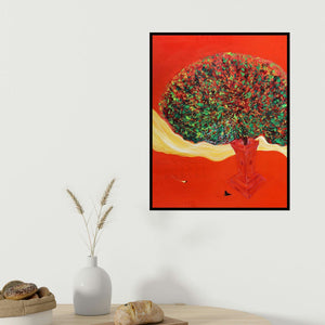 Vijay Ganorkar's 'Krishna With Tulsi 1 (Rooted Resilience)' painting visualized above a sofa in a contemporary room.