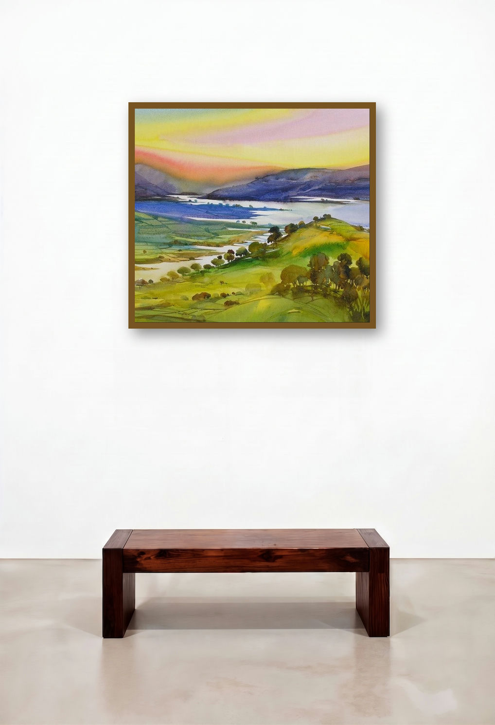Krishna Valley 54 (Sunlit Landscape) by artist Sunil Kale displayed in a Traditional Hallway