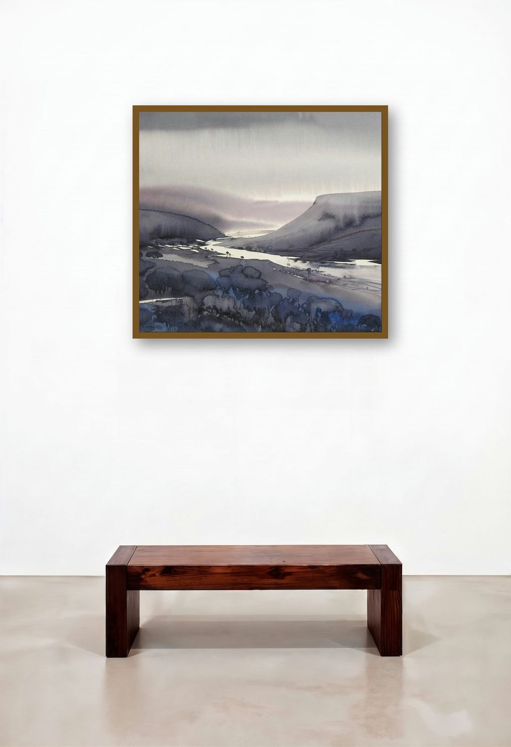 Krishna Valley 60 (Stormy Landscape) by artist Sunil Kale displayed in a Japandi Hallway