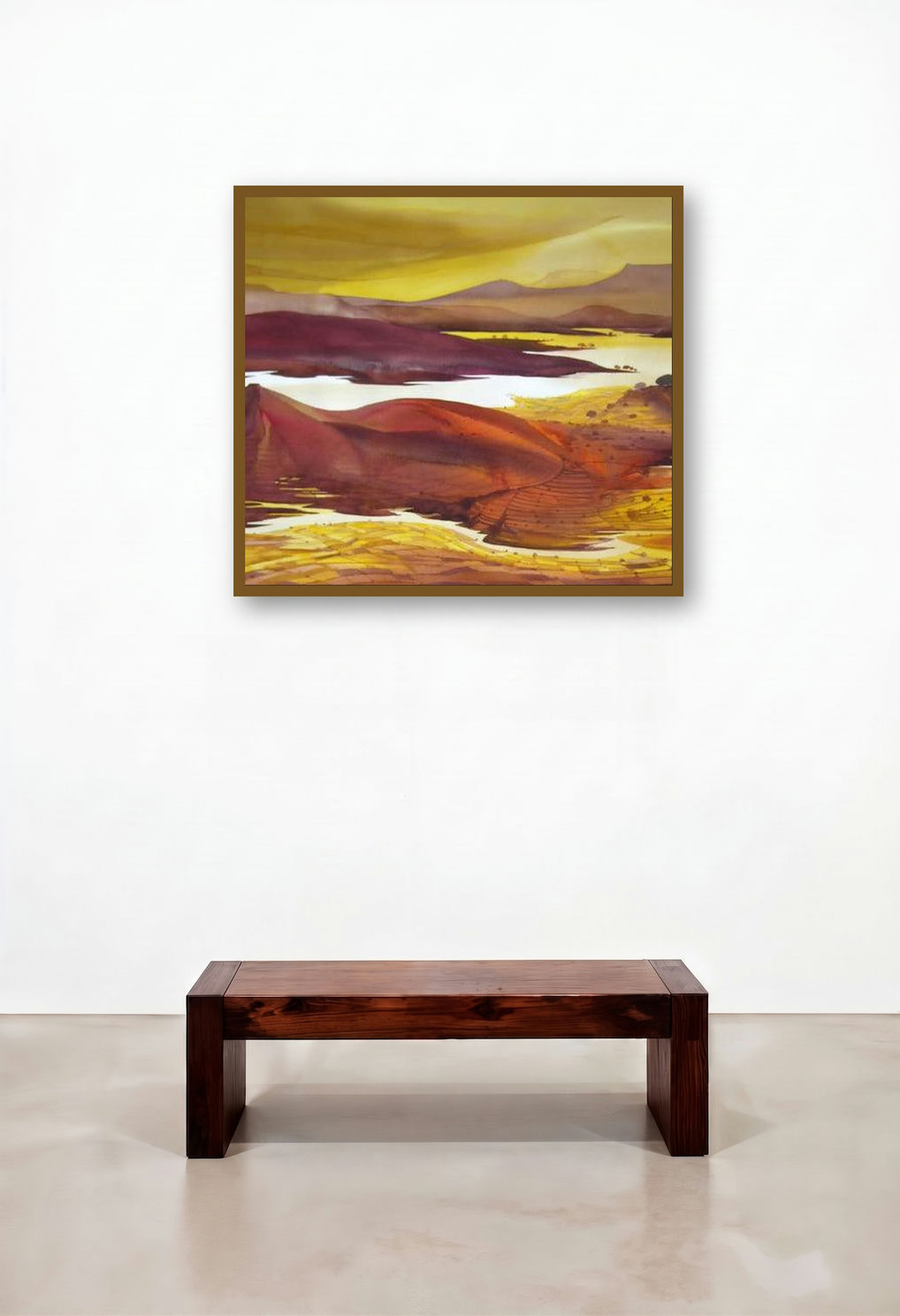 Krishna Valley Panchgani 10 (Desert Oasis) by artist Sunil Kale displayed in a Industrial Hotel Lobby
