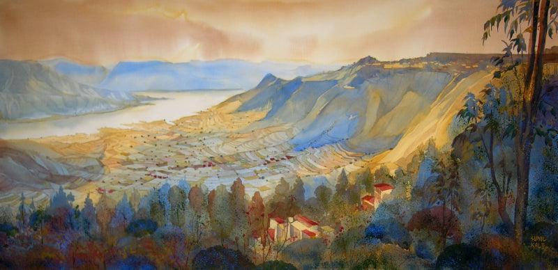 Landscape watercolor painting titled 'Krishna Valley Panchgani 11', 22x44 inches, by artist Sunil Kale on Arches Paper