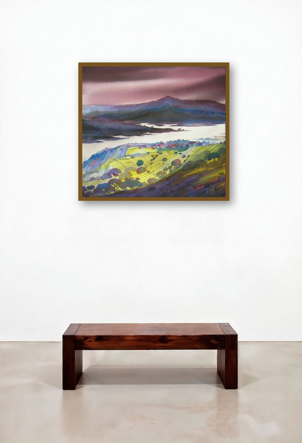 Krishna Valley Panchgani 12 (Stormy Skies Over the Lake) by artist Sunil Kale displayed in a Classic Lounge
