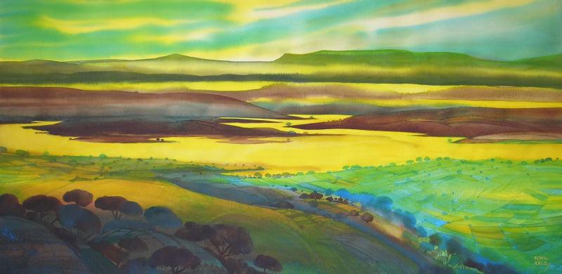 Landscape watercolor painting titled 'Krishna Valley Panchgani 14', 22x44 inches, by artist Sunil Kale on Arches Paper