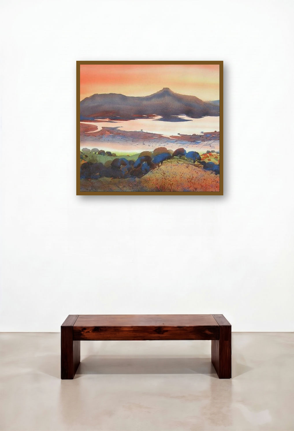 Krishna Valley Panchgani 16 (Golden Hour) by artist Sunil Kale displayed in a Transitional Bedroom