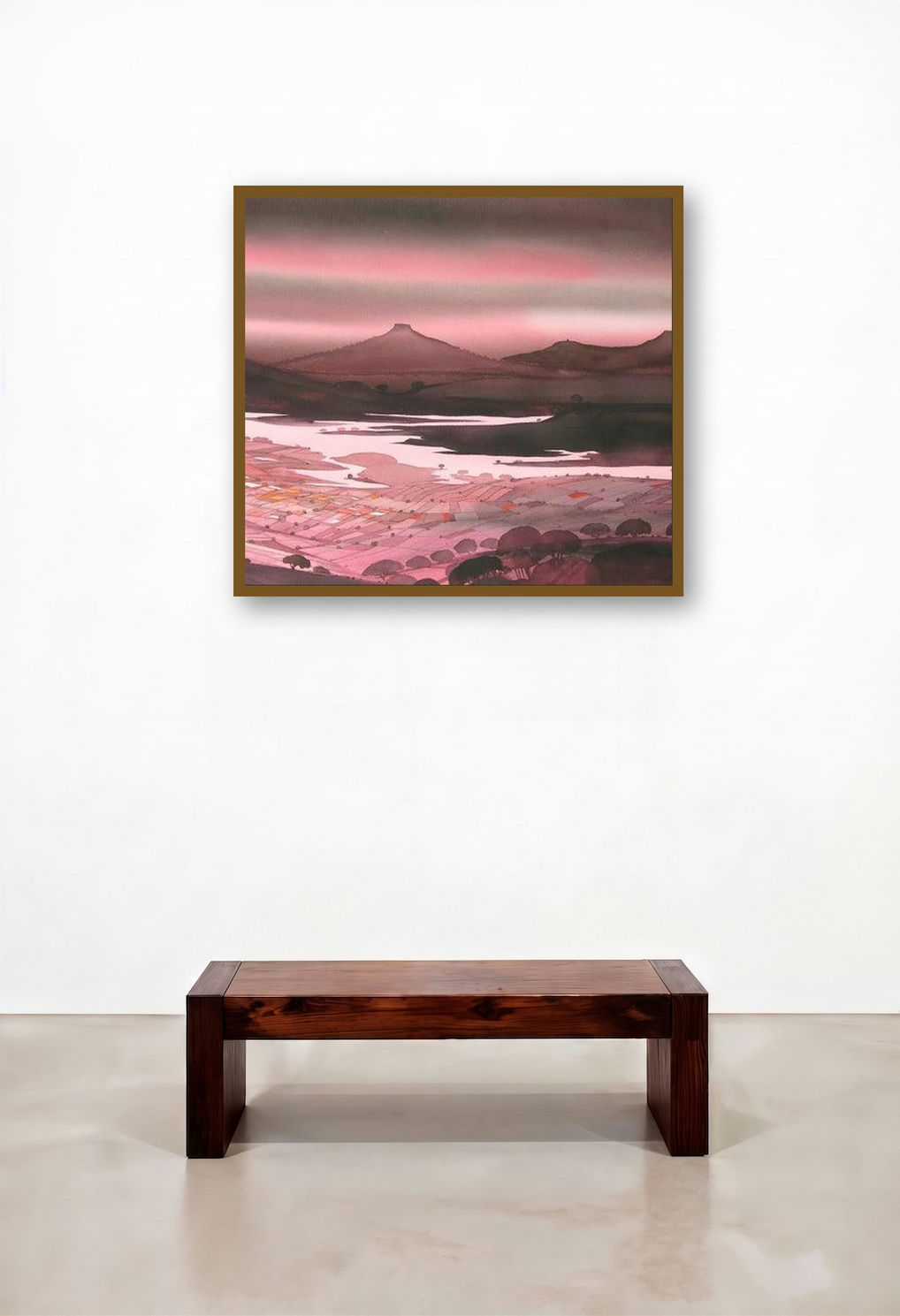 Krishna Valley Panchgani 3 (Crimson Dusk) by artist Sunil Kale displayed in a Luxury Reception Area