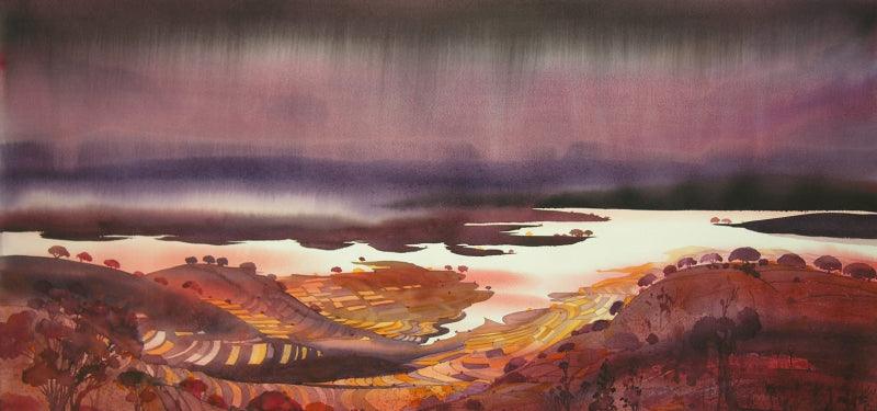 Landscape watercolor painting titled 'Krishna Valley Panchgani 4', 22x44 inches, by artist Sunil Kale on Arches Paper