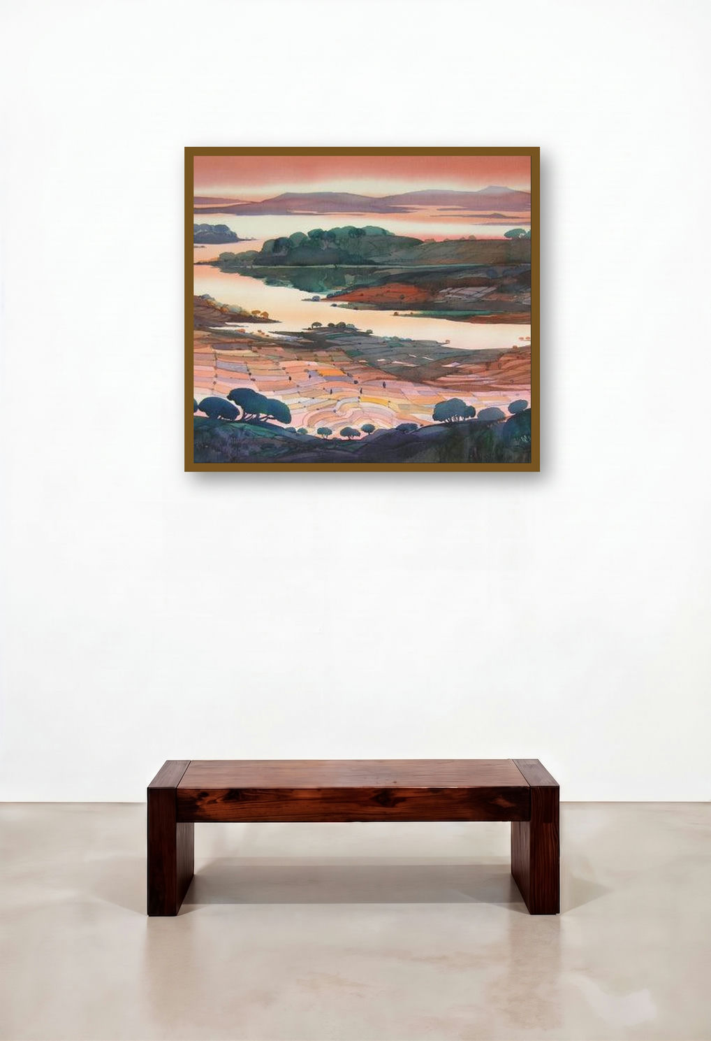 Krishna Valley Panchgani 5 (Golden Hour) by artist Sunil Kale displayed in a Industrial Foyer