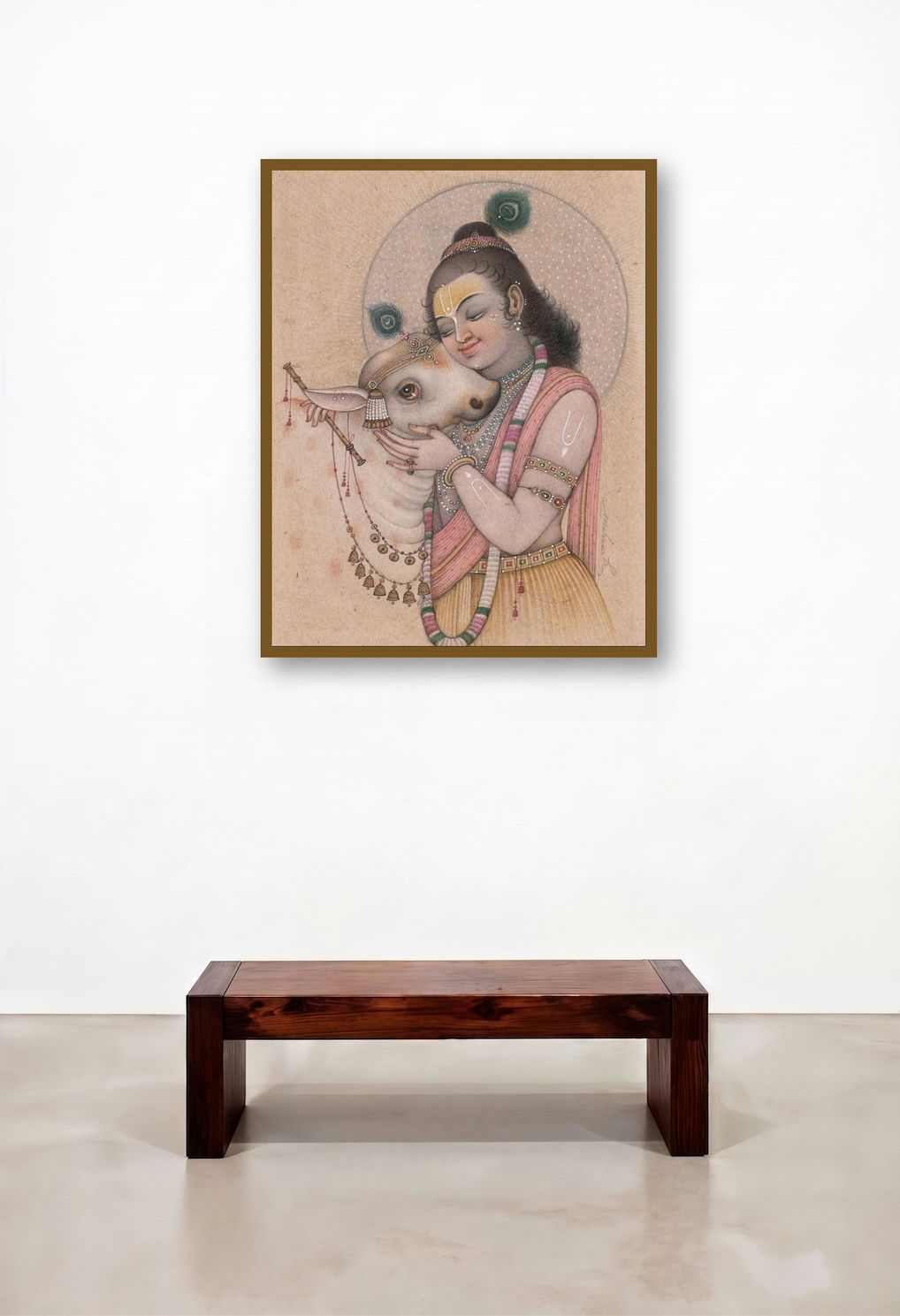 Krishna With Calf 2 (Divine Shepherd) by artist Mahaveer Swami displayed in a Luxury Hotel Suite