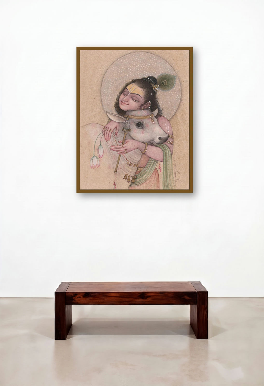 Krishna With Calf 3 by artist Mahaveer Swami displayed in a Japandi Lounge