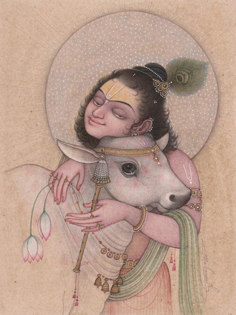 Religious mixed media painting titled 'Krishna With Calf 3', 6x5 inches, by artist Mahaveer Swami on Handmade Paper