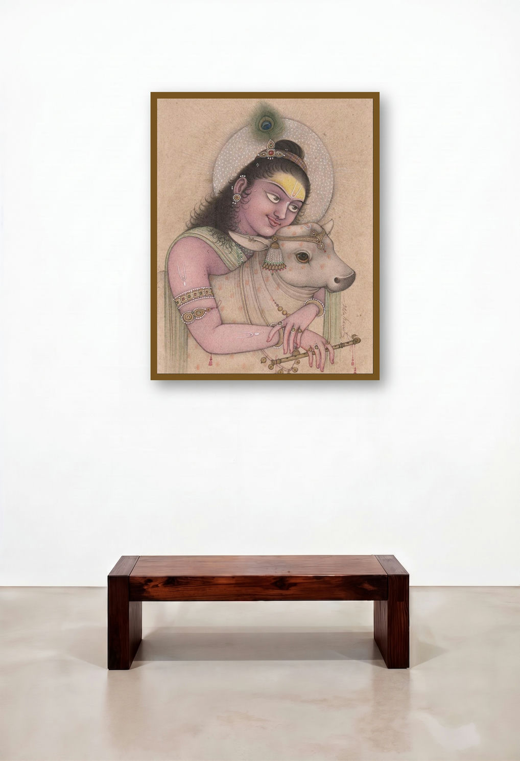 Krishna With Calf (Love for His Cows) by artist Mahaveer Swami displayed in a Rustic Hallway