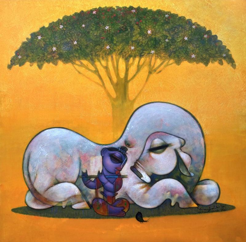 Religious acrylic painting titled 'Krishna With Cow Under The Tree', 48x48 inches, by artist Ramesh Gujar on Canvas